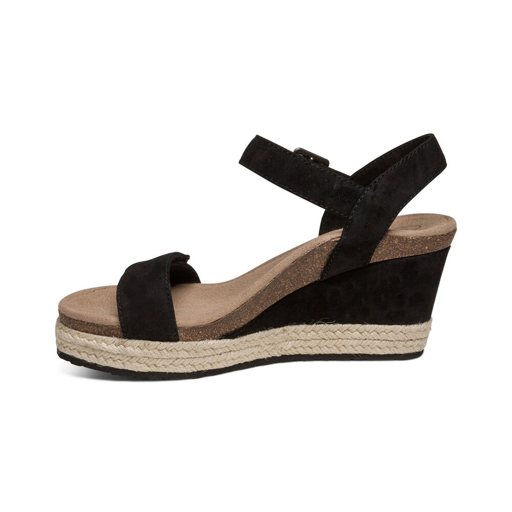 Aetrex Women's Sydney Quarter Strap Espadrille Wedge Sandals - Black | USA MVWGBZE